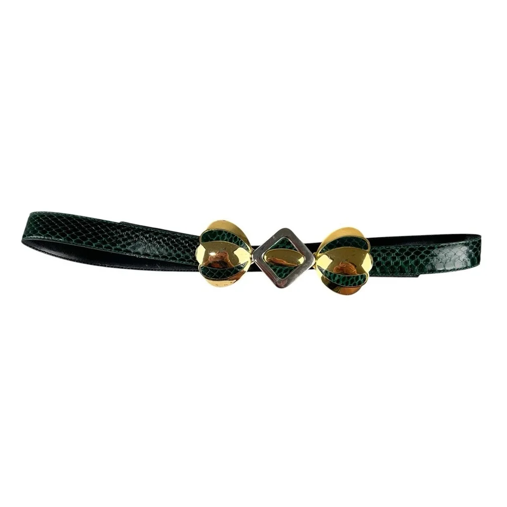 Vintage Genuine Snakeskin Belt Green Gold Tone Buckle Size 28
